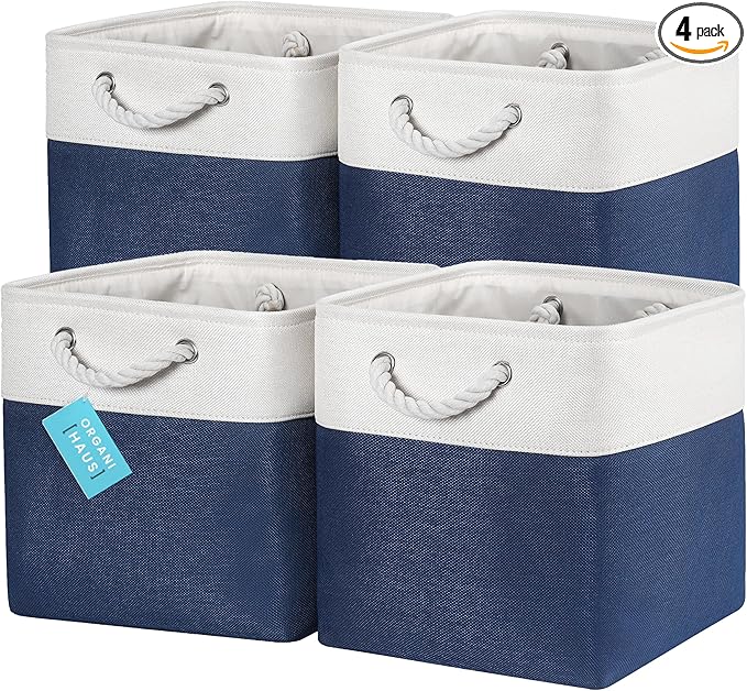 OrganiHaus 12x12 Cube Storage Bins 4 Pack, Foldable Cube Storage Organizer w/ Rope Handles, Collapsible Fabric Bins for Toys, Clothes & Closet Organization, Fabric Square Baskets - Navy Blue