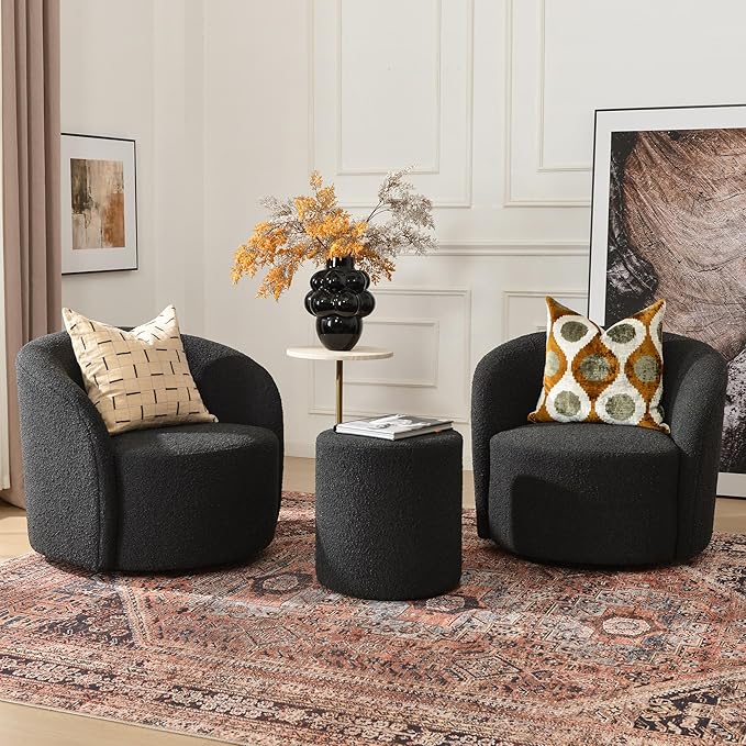 KINWELL 34" W Swivel Barrel Chair Set of 2, Mid Century Modern Round Upholstered Boucle Swivel Accent Chairs, No Assembly Sofa Chair for Living Room Bedroom Reading, Black