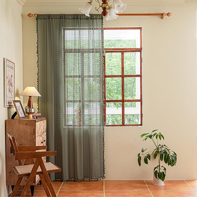 Sutuo Home Olive Green Boho Curtains 96 inches Long for Living Room Bedroom,Crochet Lace Sheer Bohemian Hollow Knitted Handmade Tassels, Vintage Farmhouse Xmas Decor, 1 Panel 59" W x 96" L