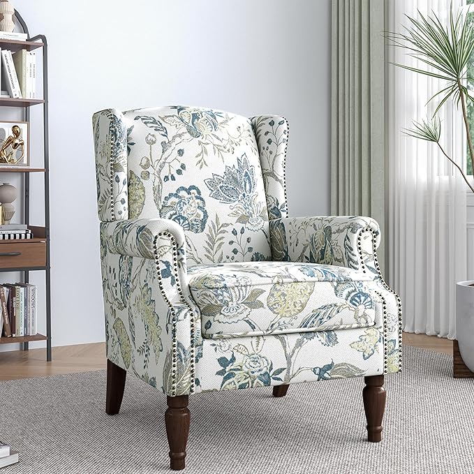 Lumibee High Back Accent Chair Set of 2, Armchair in Fabric,Comfy Upholstered Wingback Single Sofa Reading Chairs with Solid Wood Legs for Living Room,Bedroom,Office-Plants Blue