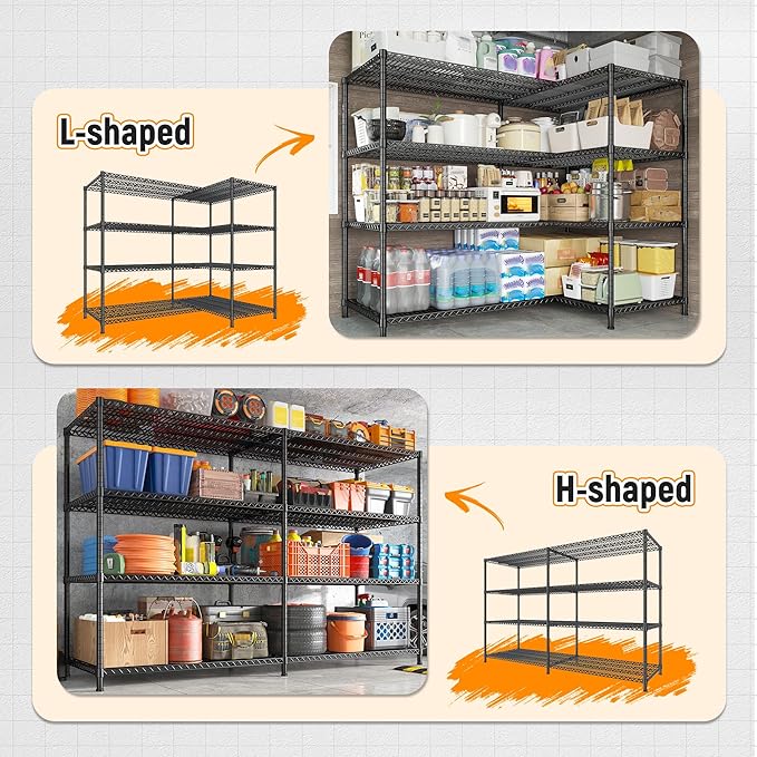REIBII 81.5''W Storage Shelves 3680LBS Garage Shelving Heavy Duty 4 Tier Metal Shelving Unit Adjustable Wire Shelf and Storage Pantry Shelves for Kitchen Garage，81.5Wx23.62Dx70.86H，Black