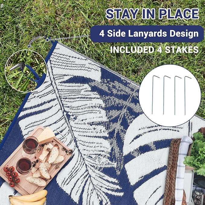 GAOMON Large Outdoor Plastic Rug 10x14 Waterproof Straw Rug Reversible Foldable Camping Mat with Stakes & Bag, Modern Tropical Leaf Farmhouse Outside Carpet for Patio RV Garden Deck, Blue