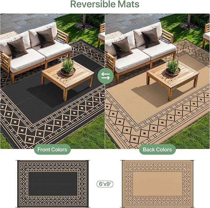 GENIMO Outdoor Rug Waterproof 6'x9' for Patio, Foldable Reversible Plastic Straw Carpet for Travel Trailers, Outside Area Mat for Rv, Deck, Picnic, Porch, Camper, Balcony, Beach, Black & Brown