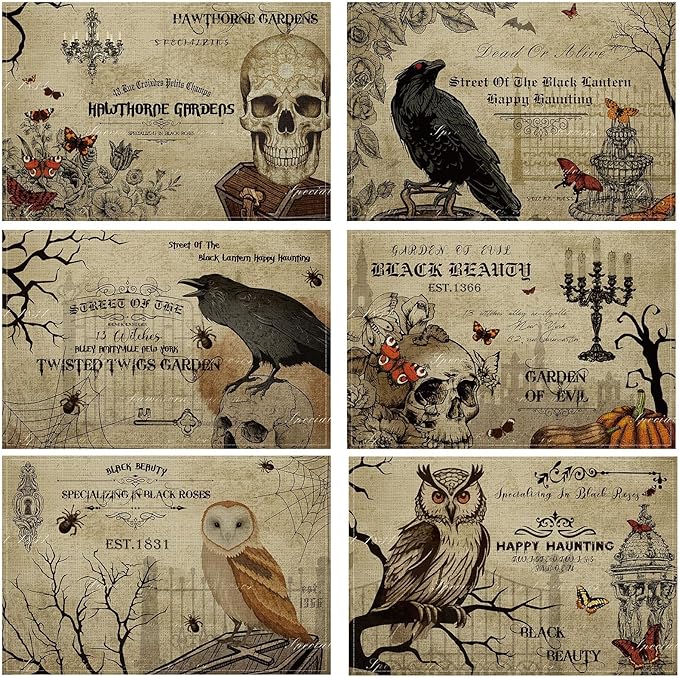 Umigy 6 Pcs Halloween Placemats 12"x18" Gothic Bat Placemats Kitchen Decoration Washable Witch Place Mats Rectangle Skull Table Mats for Halloween Dining Table Accessories(Poster Style)