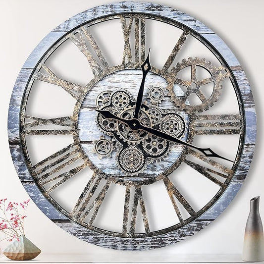 The B-Style Large Wall Clock 24 inch Moving Gear Wall Clock Oversized Vintage Farmhouse Wall Clocks for Living Room Decor Rustic Industrial Wood Clock (Aqua Green, 36 inch/90cm)