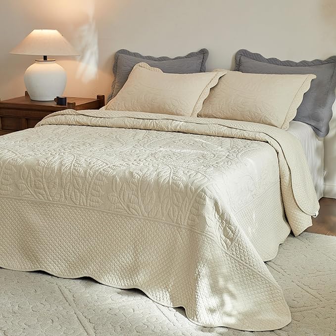 MarCielo 3-Piece 100% Cotton Oversized Bedspread Lightweight Quilt Coverlet Embroidery Farmhouse Bedding Set T0 (Yellowish Beige, Oversized King (118"x106"))