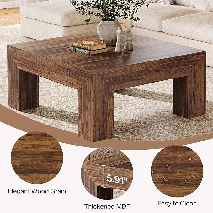 Tribesigns 39.4-Inch Square Coffee Table for Living Room, Farmhouse All MDF Accent Center Cocktail Table with Sturdy Wooden Legs, Easy Assembly, Dark Brown