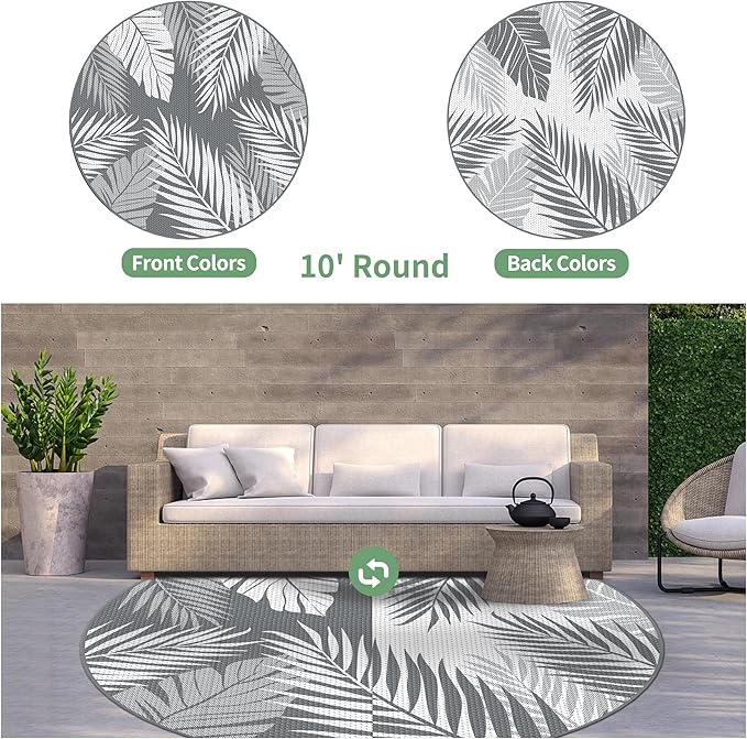 GENIMO Outdoor Rug 10' Round Waterproof for Patios Clearance, Reversible Outdoor Plastic Straw Camping Rug Carpet, Large Area Rugs Mats for RV, Camper, Deck, Balcony, Porch, Beach, Picnic, Grey&White