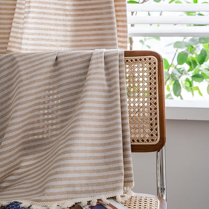 Sutuo Home Boho Curtain 84 Inches Length, Beige Stripes Print Curtain with Handmade Tassels, Rod Pocket Window Treatment Vintage Rustic Bohemian Farmhouse Drape for Bedroom 1 Panel 59" W x 84" L