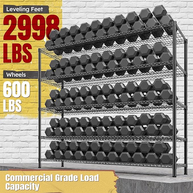 REIBII 85.7" H Storage Shelves 2998LBS Metal Shelving Unit with Wheels & Feet, 5 Tier Garage Shelving Heavy Duty Adjustable Wire Shelf for Pantry Kitchen Garage, 85.7" H X 55.5" W X 24.2" D, 2PCS