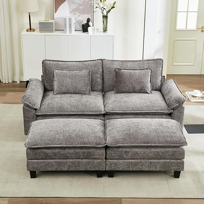 URRED Modular Sectional Sofa Comfy Cloud Couch, Modern Chenille Sofa Sleeper Deep Seat Couches with Ottoman/Pillows for Living Room (Gray, 82.6''- 2 Ottomans)