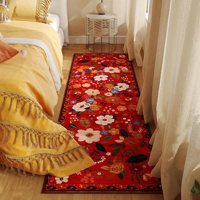 Runner Rug for Hallways Kitchen Rug Non Slip 2'6''x8' Washable Runner Rugs with Rubber Backing Soft Floral Carpet Runner for Hallways, Kitchen, Laundry, Bedroom, Bathroom(Red)