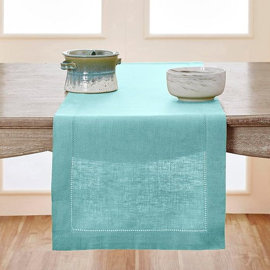 Solino Home Linen Aqua Blue Table Runner 90 Inches Long - 100% Pure Linen Hemstitch 14 x 90 Inch Table Runner for Dining - Classic Hemstitch