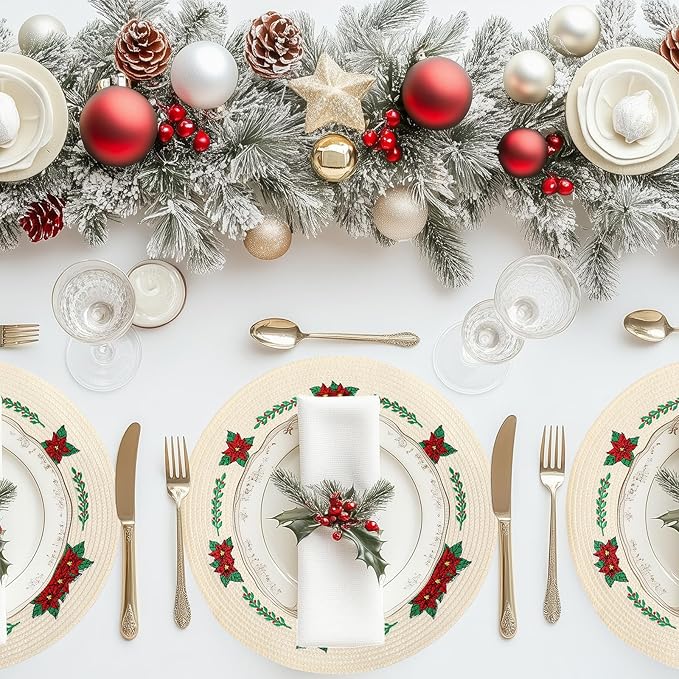 Whaline 4Pcs Round Christmas Flower Placemats Embroidered Xmas Poinsettia Place Mats Decorative Dinner Table Mats for Holiday Party Decor