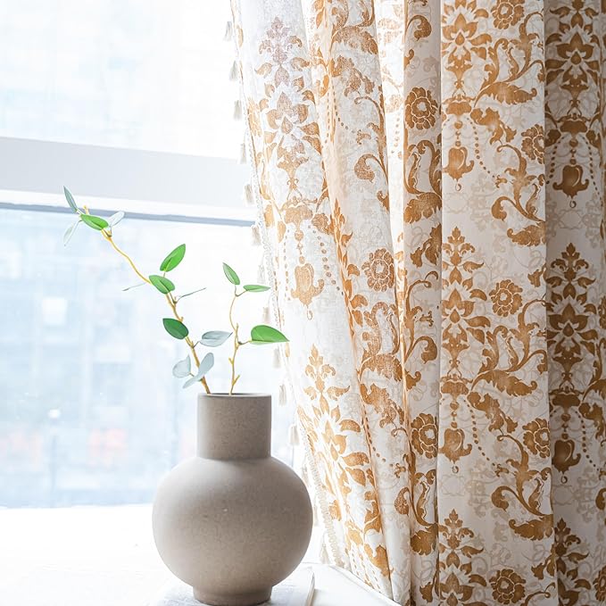 Sutuo Home Boho Curtains 84 Inches Length for Bedroom Living Room, Printed Moroccan Cotton Linen Rod Pocket Rustic Farmhouse Bohemian Tassels Window Treatment, 1 Panel 59" W x 84" L, Brown Damask