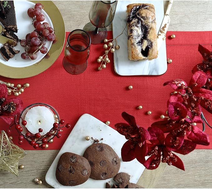 Solino Home Linen Red Table Runner 108 Inches Long - 100% Pure Linen 14 x 108 Inch Table Runner - Classic Hemstitch