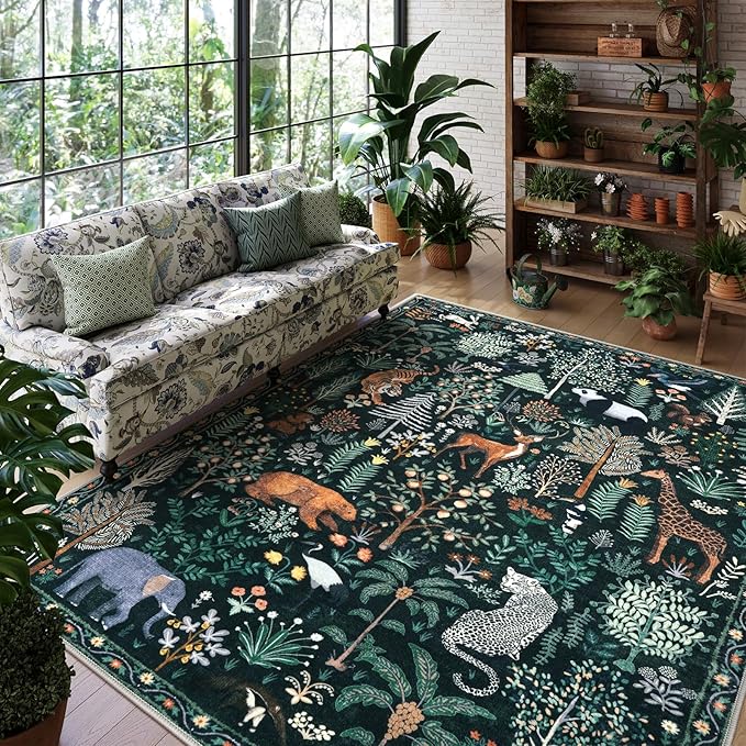 OJIA Jungle Print 9x12 Area Rugs for Living Room, Green Soft Bedroom Rug Washable Rugs 9x12, Modern Dining Room Rug Stain Resistant Ultra-Thin Floor Carpet for Playroom Kids Room Nursery