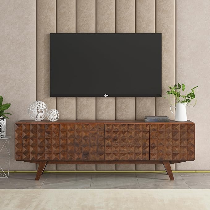 NTC Sapa Mid-Century Modern Solid Wood TV Stand 4-Door Media Console with Carved Geometric Fronts for TVs up to 75", Effortless Assembly, Dark Walnut