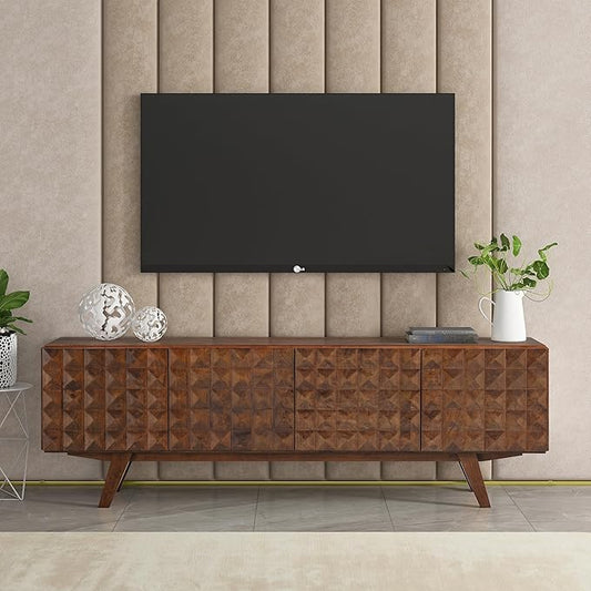 NTC Sapa Mid-Century Modern Solid Wood TV Stand 4-Door Media Console with Carved Geometric Fronts for TVs up to 75", Effortless Assembly, Dark Walnut