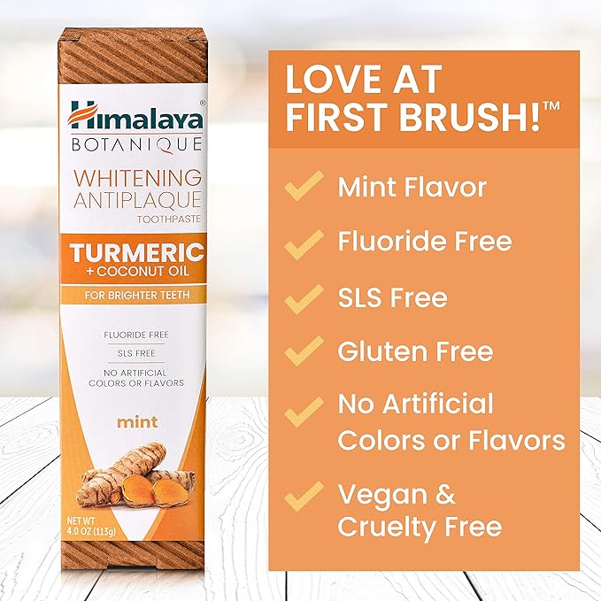 Himalaya Botanique Turmeric & Coconut Oil Whitening Antiplaque Herbal Toothpaste, Whitens Teeth, Fluoride Free, No Artificial Flavors, SLS Free, Vegan, Cruelty Free, Foaming, Mint Flavor, 4 Oz, 4 Pack