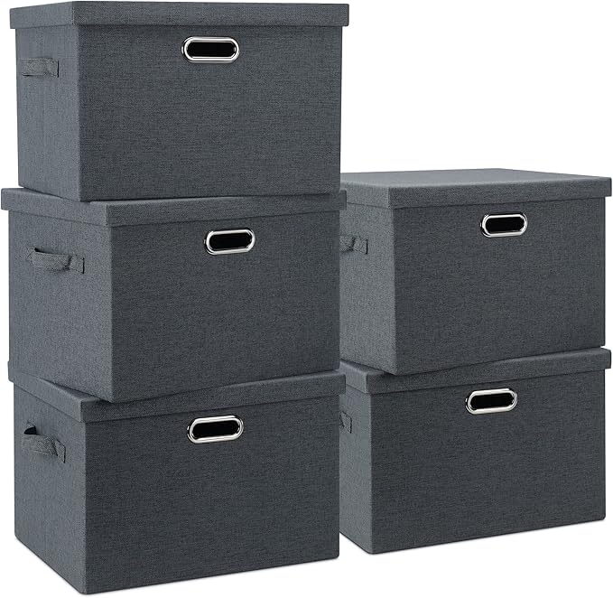Large 17" 36 Quart Collapsible Stackable Storage Bins with Lids, 5 Packs Dark Gray Foldable Fabric Closet Storage Boxes with Lids Heavy-duty Linen Cube Baskets(17 x 12 x 11)