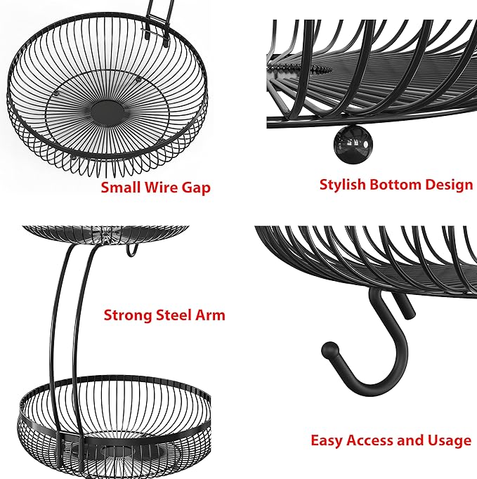 Simple Houseware 2-Tier Countertop Fruit Basket with Banana Hanger, Black