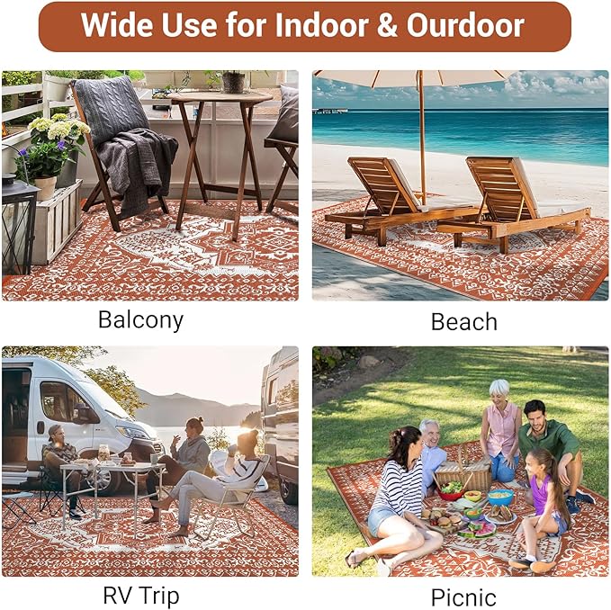 GAOMON Outdoor Rugs for Patio 8x10 Waterproof Reversible Plastic Straw Rug, Large UV-Resistant Portable RV Camping Mats, Indoor Outdoor Medallion Carpet for Outside Deck Porch Garden, Red & White