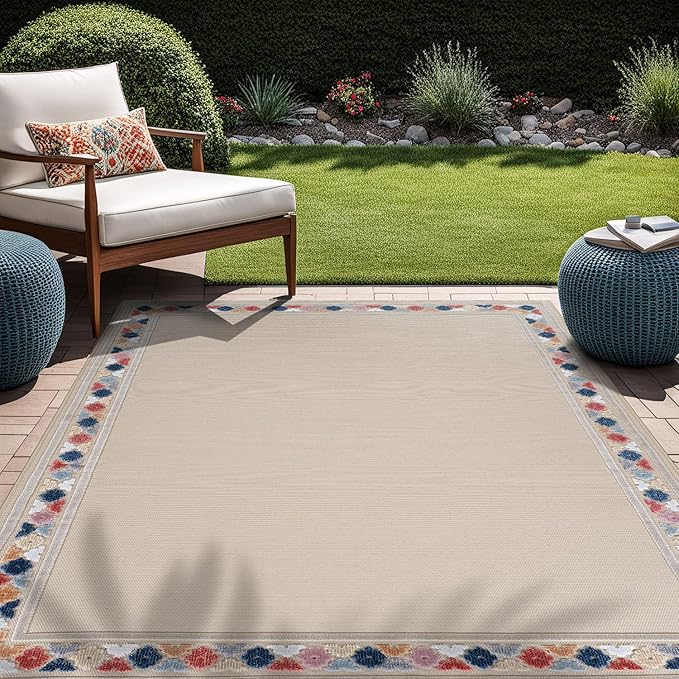 Beverly Rug Outdoor Rug 8x10 Modern Bordered Area Rugs for Indoor and Outdoor Patio Easy to Clean Non Shedding Living Room Porch Garden Washable Outside Carpet (8 x 10 Beige)