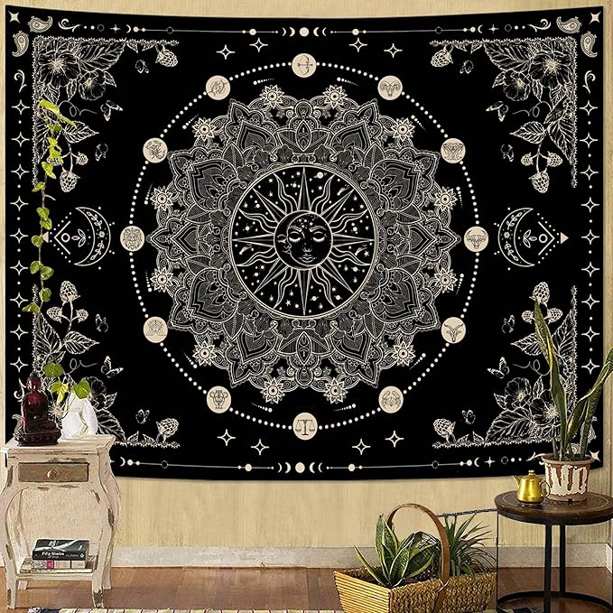 Lunerfex Sun and Moon Mandala Tapestry Boho Tapestry for Bedroom Black and White Tapestries Wall Hanging Living Room Wall Art and Home Decor 60x80