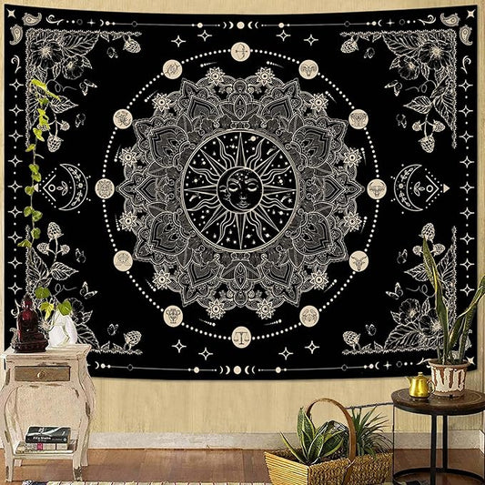 Lunerfex Sun and Moon Mandala Tapestry Boho Tapestry for Bedroom Black and White Tapestries Wall Hanging Living Room Wall Art and Home Decor 44x60