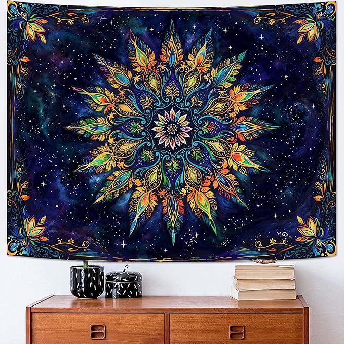 Fowocu Boho Floral Mandala Tapestry for Bedroom Aesthetic Blue Bohemian Colorful Flower Wall Tapestry Purple Hippie Indian Small Tapestries Wall Hanging for Living Room Dorm Decor 48 x 36 Inch