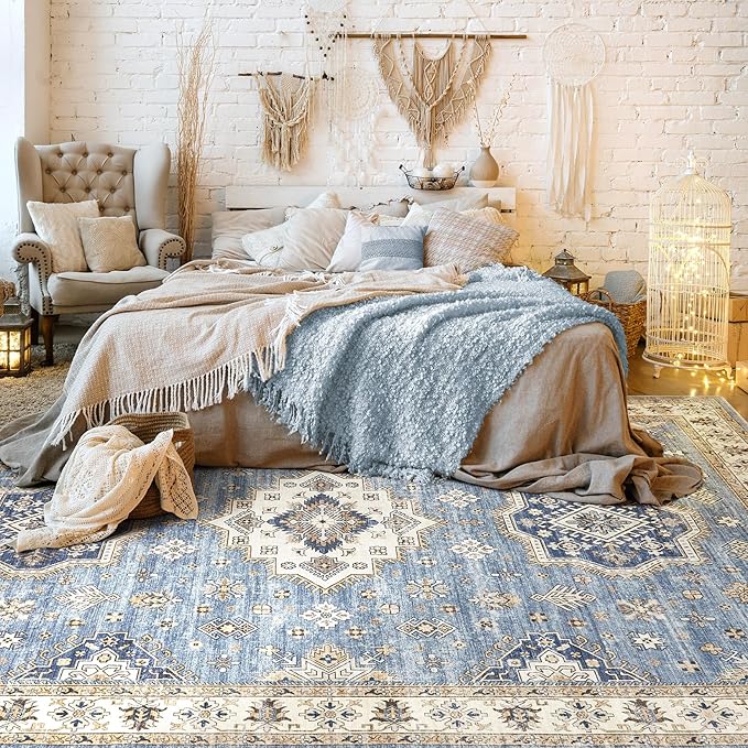 Washable Area Rugs for Living Room - 5x7 Neutral Vintage Distressed Floral Farmhouse Boho Large Soft Floor Rug Indoor Non Slip Carpet for Living Room Bedroom Dining Room Office - Blue