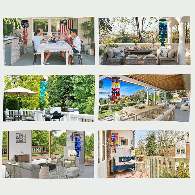 Bellaa 24841 Wind Chimes Outdoor, Garden Decorations, Musical, Indoor/Outside Windchimes, Beach, Ocean Breeze, Gifts for Mom, Gift for All Occasions, Capiz Sea Glass Shells Wood Pink Purple