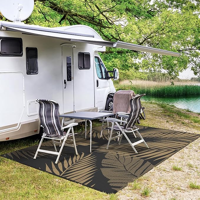 GENIMO Outdoor Rug 4' x 6' Waterproof for Patios Clearance, Reversible Outdoor Plastic Straw Camping Rug Carpet, Large Area Rugs Mats for RV, Camper, Deck, Balcony, Porch, Beach, Picnic, Black&Brown