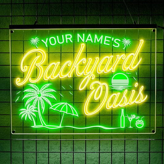 Personalized Backyard Oasis Neon Sign, Custom Tropical LED Wall Light for Patio, Pool Area, Outdoor Bar, Summer Party, Backyard Decor Gift