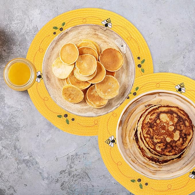 Whaline 4Pcs Round Placemats Bee Sunflower Embroidered Place Mats Bee Floral Dinner Table Mats for Home Spring Summer Holiday Birthday Baby Shower Party Decor