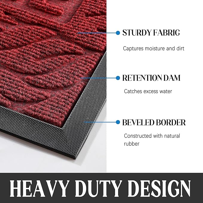 Yimobra Welcome Front Door Mat Outdoor, Heavy Duty Sturdy Non Slip Doormats, Rubber Backing, Low-Profile Entrance Rugs, Absorbent Resist Dirt, Easy Clean Patio Garage Floor Mats, 60X36 Inch, Wine Red