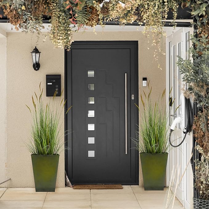 KOL 18''H. Bright Glazed Planter with Drainage Hole, Set of 2, Galvanized Steel Planter Pots for Indoor & Outdoor Use, Decorative Flower Plant Pots for Front Porch, Patio, Deck - Green