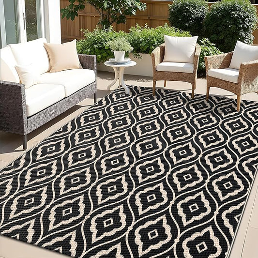 OLANLY Outdoor Rug 5x8 ft Waterproof, Outdoor Plastic Straw Rug with Geometric Pattern Clearance, Reversible RV Mat for Patio, Camping, Balcony, Deck, Backyard, Black & Beige