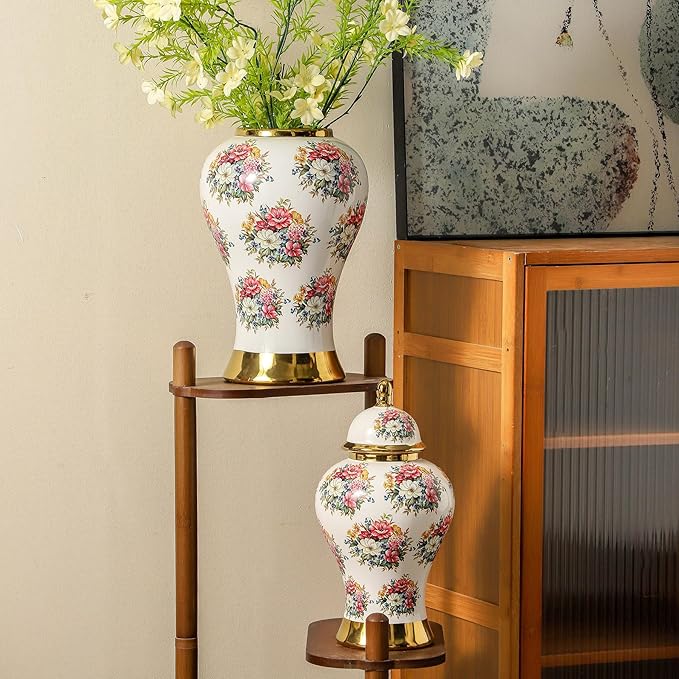 Ginger Jars for Home Decor, White Gold Ceramic Vase with Colorful Floral Pattern, Handmade Decorative Flower Vase with Lid for Home, Kitchen, Office, Table, Bookshelf, Mantle Fireplace,(18in)