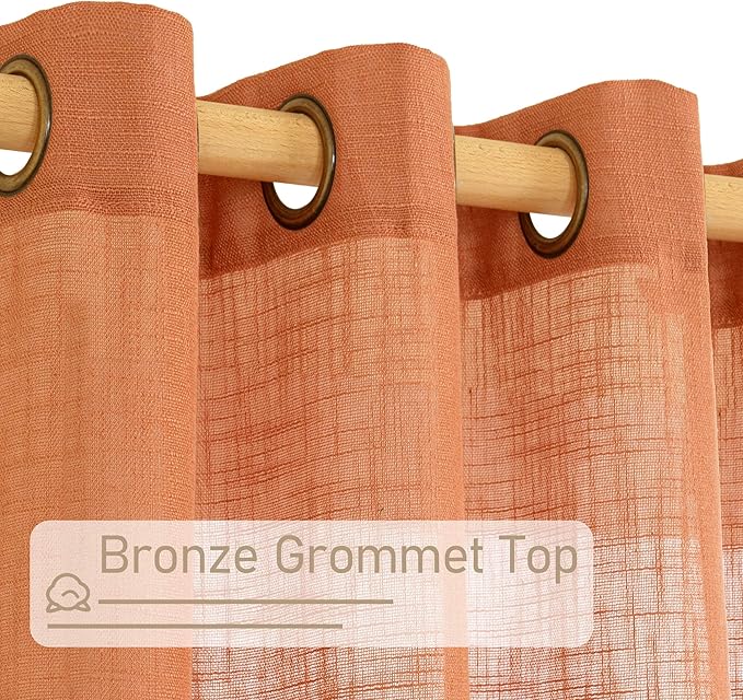 LAMIT Sheer Linen Curtains 63 Inch for Bedroom, Light Filtering Country Decor Semi Sheer Farmhouse Boho Curtains Bronze Grommet Living Room Panels, Burnt Orange, 2 Panels, 52 x 63 Inch