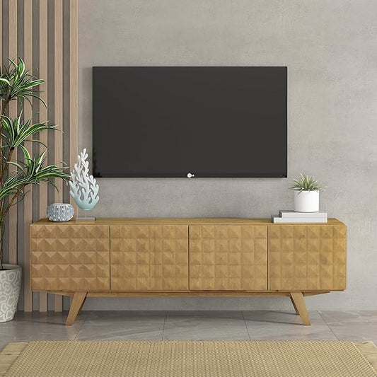 NTC Sapa Mid-Century Modern Solid Wood TV Stand 4-Door Media Console with Carved Geometric Fronts for TVs up to 75", Effortless Assembly, Sand
