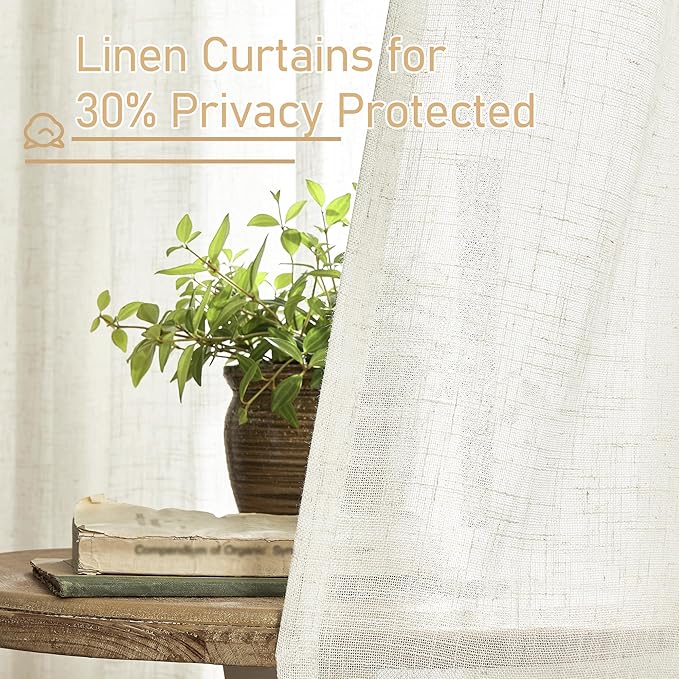 LAMIT Sheer Linen Curtains 63 inches Long for Bedroom, Bronze Grommet Linen Drapes Light Filtering Semi Sheer Curtains for Small Window/Farmhouse, 2 Panels (52 x 63 Inch, Cream)