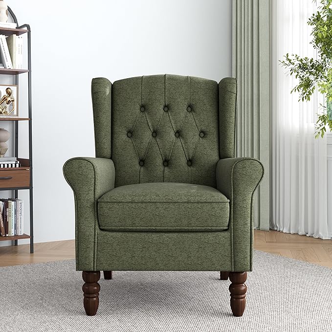 Lumibee High Back Accent Chair,Upholstered Wingback Armchair with Solid Wood Legs for Small Spaces,Comfy Single Sofa Chair for Living Room,Bedroom,Office-Green