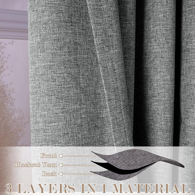 Extra Wide 100% Blackout Linen Textured Curtains - Room Dividers, W150 x L108 (1 Panel), Pinch Pleat Drapes for Living Room, Full Light Block Out Drapery for Sliding Door, Mid Grey