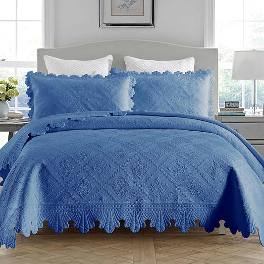 MarCielo 3-Piece 100% Cotton Oversized Bedspread Lightweight Quilt Coverlet Embroidery Farmhouse Bedding Set (Tk Midtone Blue, Oversized King (118"x106"))
