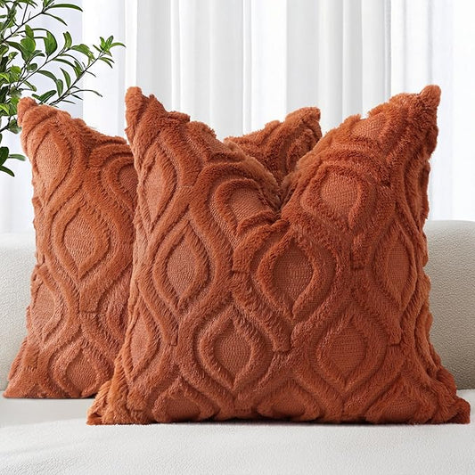 decorUhome Fall Throw Pillow Covers 16x16 Inch Set of 2, Soft Plush Decorative Faux Fur Rust Solid Couch Pillow Covers, Accent Farmhouse Neutral Square Euro Pillow Cases for Sofa Bed Living Room