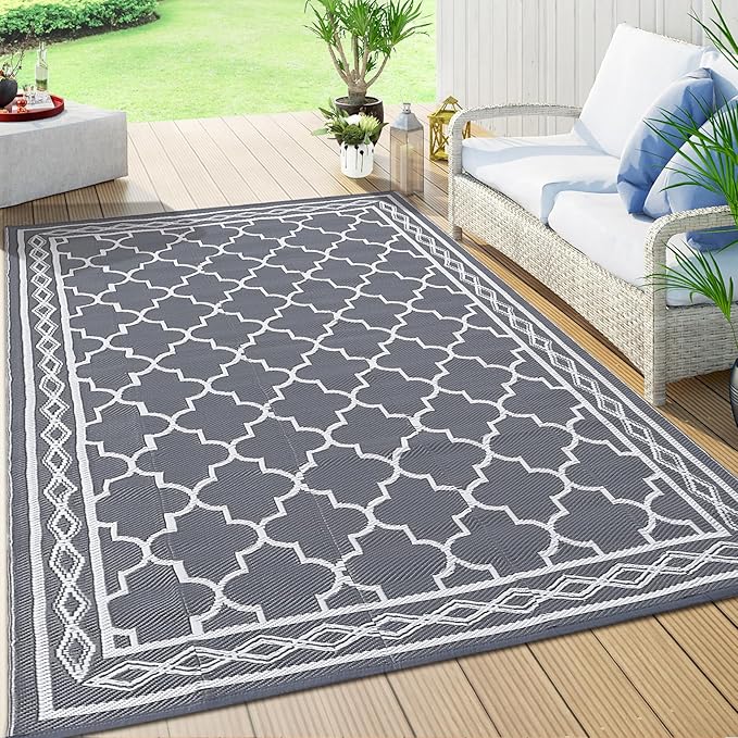 GAOMON Reversible Outdoor Rug 9'x18' Waterproof Plastic Straw Rug, Patio Rug, Large Modern Area Rug Carpet, Indoor Outdoor Rugs for Camping, Porch, Deck, Balcony, Backyard, Grey/White(Geometric)