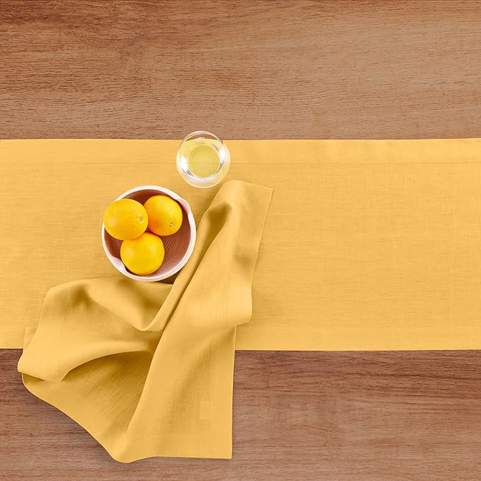 Solino Home Linen Table Runner 90 Inches Long - 100% Pure Linen Mustard Yellow Table Runner 14 x 90 Inch - Fete