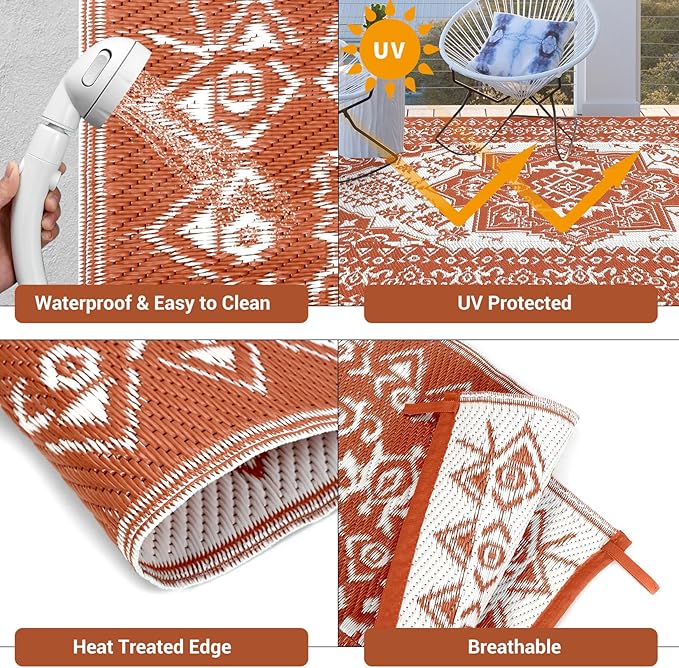 GAOMON Outdoor Rugs for Patio 8x10 Waterproof Reversible Plastic Straw Rug, Large UV-Resistant Portable RV Camping Mats, Indoor Outdoor Medallion Carpet for Outside Deck Porch Garden, Red & White